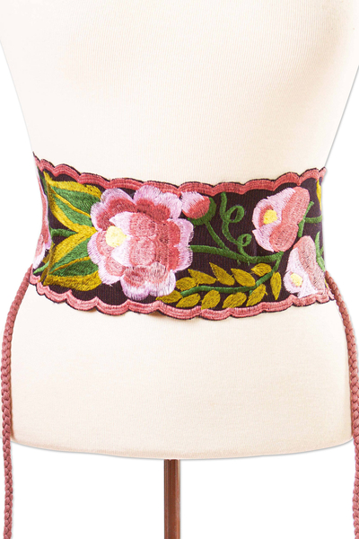 Broad Cotton Hand Woven Wrap Belt with Flowers Chiapas