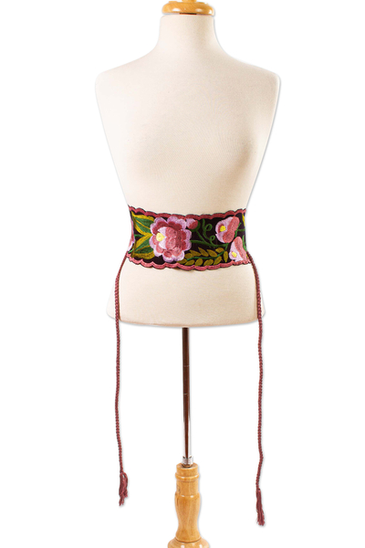 Cotton obi wrap belt, 'Flower Wrap' - Broad Cotton Hand Woven Wrap Belt with Flowers Chiapas