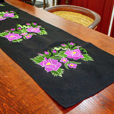 Cotton table runner, 'Purple Chiapas Flowers' - 100% Cotton Black Embroidered Table Runner Chiapas Mexico