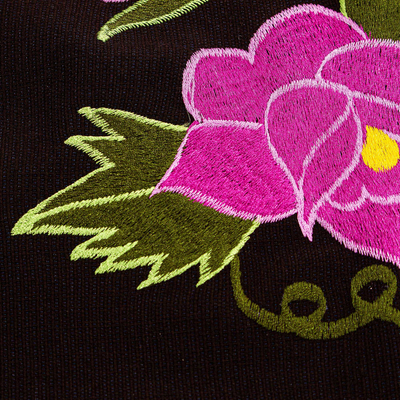 Cotton table runner, 'Purple Chiapas Flowers' - 100% Cotton Black Embroidered Table Runner Chiapas Mexico