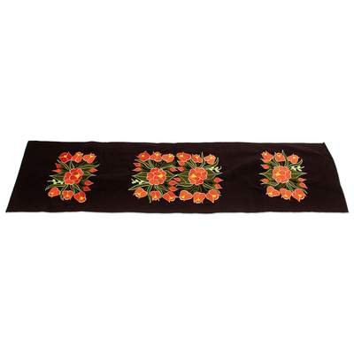 Cotton table runner, 'Orange Chiapas Flowers' - Black Cotton Table Runner With Embroidered Flowers Chiapas