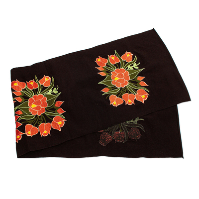 Tischläufer aus Baumwolle - Schwarzer Tischläufer aus Baumwolle mit gestickten Chiapas-Blumen
