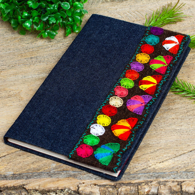 Embroidered denim journal, 'Chiapas Pinwheels' - Denim Covered Journal with Embroidery