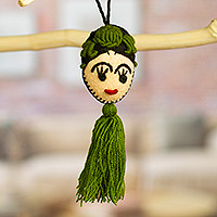 Wool and cotton ornament, 'Frida in Green' - Frida-Themed Holiday Ornament (Pair)