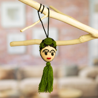 Wool and cotton ornament, 'Frida in Green' - Frida-Themed Holiday Ornament (Pair)