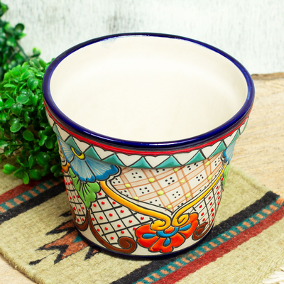 Ceramic flower pot, 'Hidalgo Garden' - Artisan Hand Painted Flower Pot