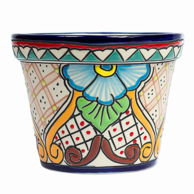 Ceramic flower pot, 'Secret Garden' - Handmade Ceramic Talavera-Style Planter