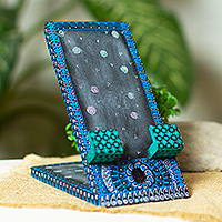 Wood phone holder, 'Oaxaca Blues' - Hand Painted Alebrije-Style Phone Holder