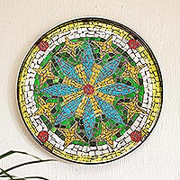 Glass mosaic wall decor, 'Torreon Mandala' - Broken Glass Mosaic in Floral Pattern Torreon Mexico