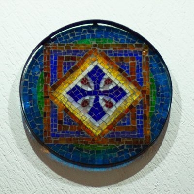 Glass mosaic wall art, 'Cross Mandala' - Glass Mosaic Wall Decoration With Blue Cross From Mexico