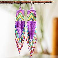 Glass beaded waterfall earrings, 'Huichol Rain in Purple'