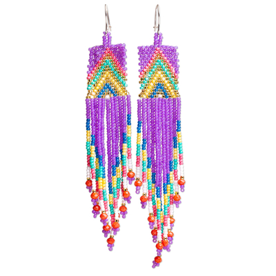 Glass beaded waterfall earrings, 'Huichol Rain in Purple' - Glass Beaded Waterfall Earrings in Purple From Mexico