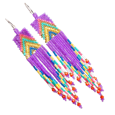 Glass beaded waterfall earrings, 'Huichol Rain in Purple' - Glass Beaded Waterfall Earrings in Purple From Mexico