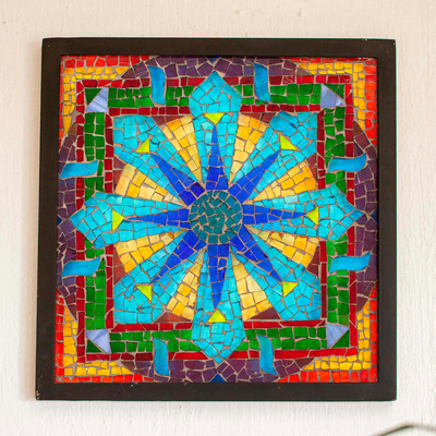 Glass mosaic wall decor, 'Mexican Mandala' - coloured Glass Mosaic Wall Hanging in Floral Design Mexico