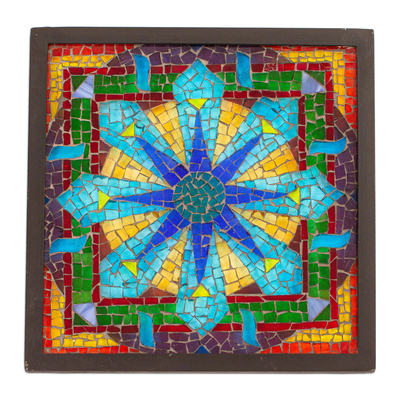 Glass mosaic wall decor, 'Mexican Mandala' - coloured Glass Mosaic Wall Hanging in Floral Design Mexico