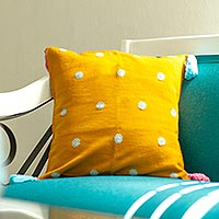 Cotton cushion cover, 'Yellow Maya Brocade' - Handwoven Yellow Cotton Brocade Throw Pillow Cushion Cover