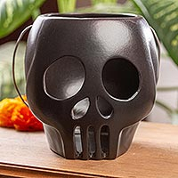 Ceramic tealight candleholder, 'Haunted Night in Black' - Handcrafted Skull Tealight Holder