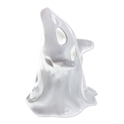 Ceramic tealight candleholder, 'Spooky Friend in White' - Artisan Crafted Ghost Tealight Holder