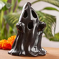Ceramic tealight candleholder, 'Spooky Friend in Black' - Artisan Crafted Halloween Tealight Holder
