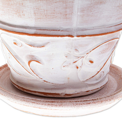 Ceramic flower pot, 'Enchanted Afternoon' - Ceramic Flower Pot With Distressed White Paint From Mexico
