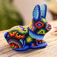 Huichol beaded papier mache sculpture, Blue Bunny