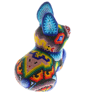 Huichol beaded papier mache sculpture, 'Blue Bunny' - Hand Beaded Huichol Rabbit Sculpture