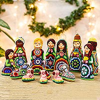 Beaded ceramic nativity scene, 'Huichol Christmas' (14 pieces) - Ceramic Beaded Nativity Scene (14 Pieces)
