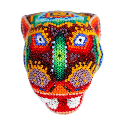 Ceramic beaded sculpture, 'Red Jaguar' - Ceramic Glass-Beaded Huichol Jaguar Head From Guadalajara