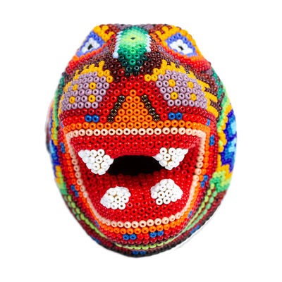 Ceramic beaded sculpture, 'Red Jaguar' - Ceramic Glass-Beaded Huichol Jaguar Head From Guadalajara