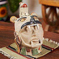 Ceramic sculpture, 'Jaguar Warrior Head' - Ceramic Jaguar Warrior Head Sculpture From Teotihuacan