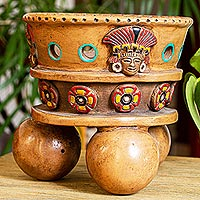 Decorative ceramic vessel, 'Teotihuacan Tribute' - Mesoamerican Style Footed Bowl Sculpture