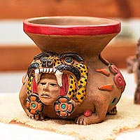 Decorative ceramic vessel, 'Jaguar Censer' - Handcrafted Decorative Ceramic Vessel Sculpture
