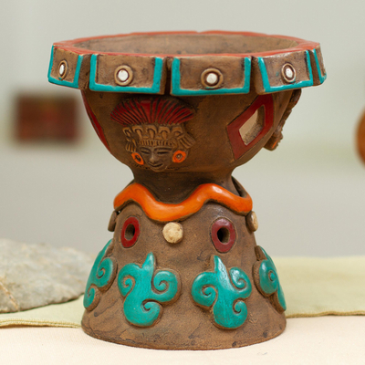 Decorative ceramic vessel, 'Footed Censer' - Artisan Crafted Decorative Ceramic Footed Bowl