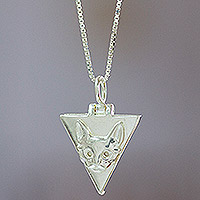 Sterling silver locket pendant necklace, 'Oblique Cat' - Handcrafted Sterling Silver Locket Necklace
