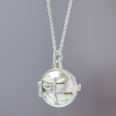 Sterling silver locket pendant necklace, 'Dragonfly Keepsake' - Locket Necklace with Dragonfly Motif