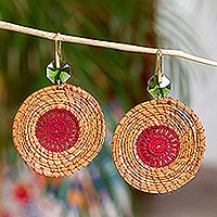 Pine needle dangle earrings, 'Forest Splendor' - Dangle Earrings with Pine Needles and Crystal Beads