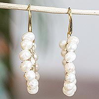 Cultured pearl and pine needle dangle earrings, 'Forest Melody' - Gold Plated Cultured Pearl and Pine Needle Earrings