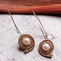 Cultured pearl and pine needle drop earrings, 'From the Forest' - Handcrafted Pine Needle Earrings with Cultured Pearls
