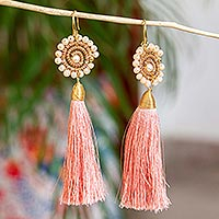 Cultured pearl and pine needle dangle earrings, 'Forest Bohemian' - Tassel Earrings with Cultured Pearls