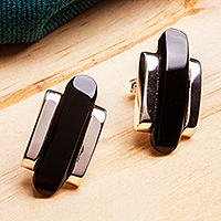 Obsidian drop earrings, 'Darkness Falls' - Taxco Sterling Drop Earrings with Obsidian