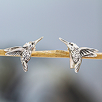 Sterling silver stud earrings, 'Taxco Hummingbird' - Handcrafted Hummingbird Sterling Silver Earrings