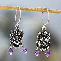 Amethyst dangle earrings, 'Catrina with Earrings' - 925 Sterling Silver Catrina Earrings From Taxco Mexico