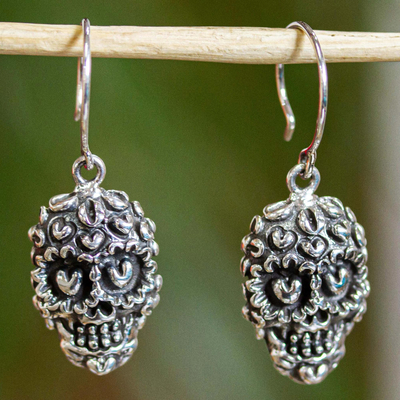 Sterling silver dangle earrings, 'Deadly Love' - Taxco Sterling Silver Skull Earrings