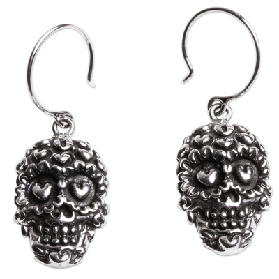 Sterling silver dangle earrings, 'Deadly Love' - Taxco Sterling Silver Skull Earrings