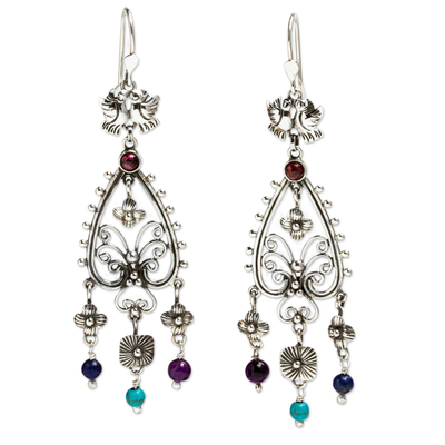 Multi-gemstone chandelier earrings, 'Taxco Raindrops' - 925 Sterling Silver Dangle Earrings with Gemstone Beads