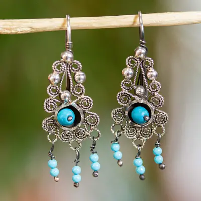 Turquoise chandelier earrings, 'Taxco Colonial' - Filigree Chandelier Earrings with Turquoise