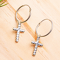 Sterling silver hoop earrings, 'Cross of Taxco' - Taxco Cross Motif Hoop Earrings