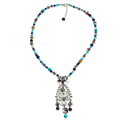 Multi-gemstone pendant necklace, 'Birds and Beads' - Baroque Sterling Silver Pendant Necklace with Gemstone Beads