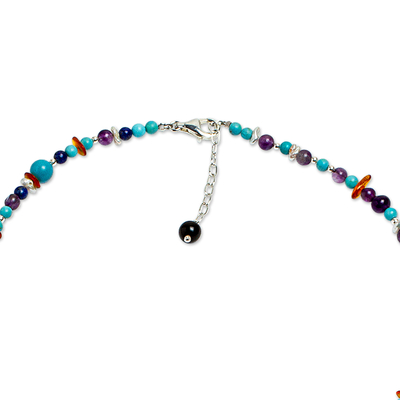 Multi-gemstone pendant necklace, 'Birds and Beads' - Baroque Sterling Silver Pendant Necklace with Gemstone Beads