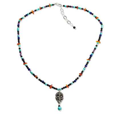 Multi-gemstone beaded pendant necklace, 'Skull with Treasure' - Sterling Silver Mexican Skull Necklace with Gemstones